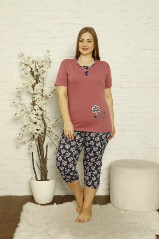 Bawełniana piżama plus size w kwiatowy print różowo-granatowa PIZ14276