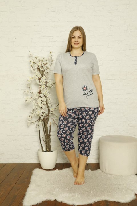 Bawełniana piżama plus size w kwiatowy print szaro-granatowa PIZ14276